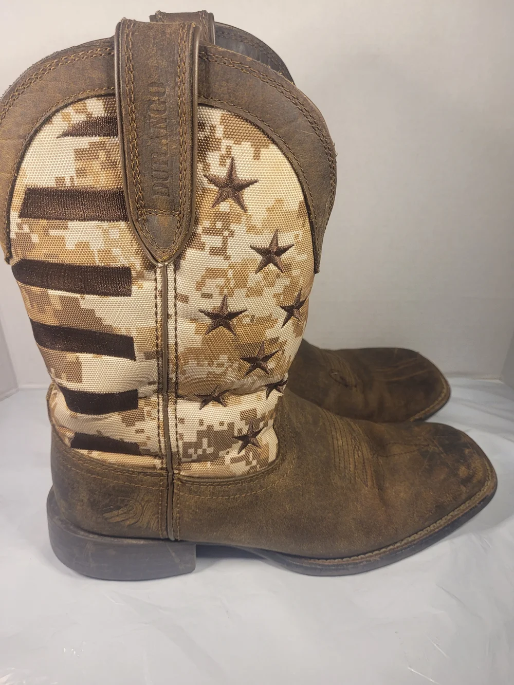Durango Brown Distressed Leather Cowboy Boots with Flag Print Mens 9W